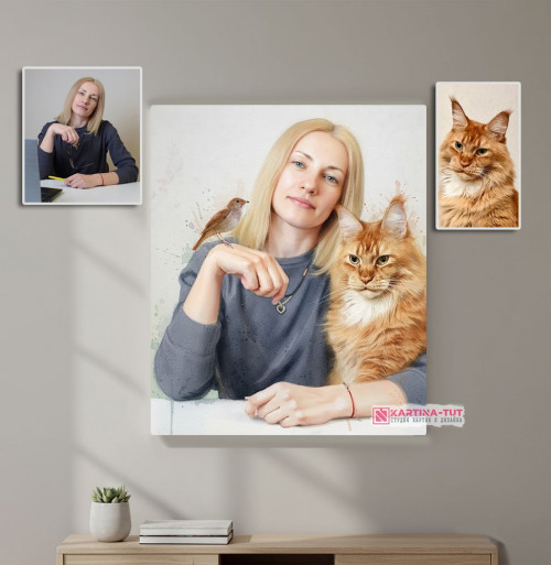портрет акварелью с фото девушка и кот